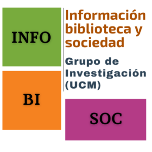 Se trata del logo del grupo de investigación. Se pueden ver las siglas del grupo INFO, BI y SOC con colores de fondo, junto con el la descripción larga: Información, Biblioteca y Sociedad; y que somos un Grupo de Investigación de la UCM (Universidad Complutense de Madrid)